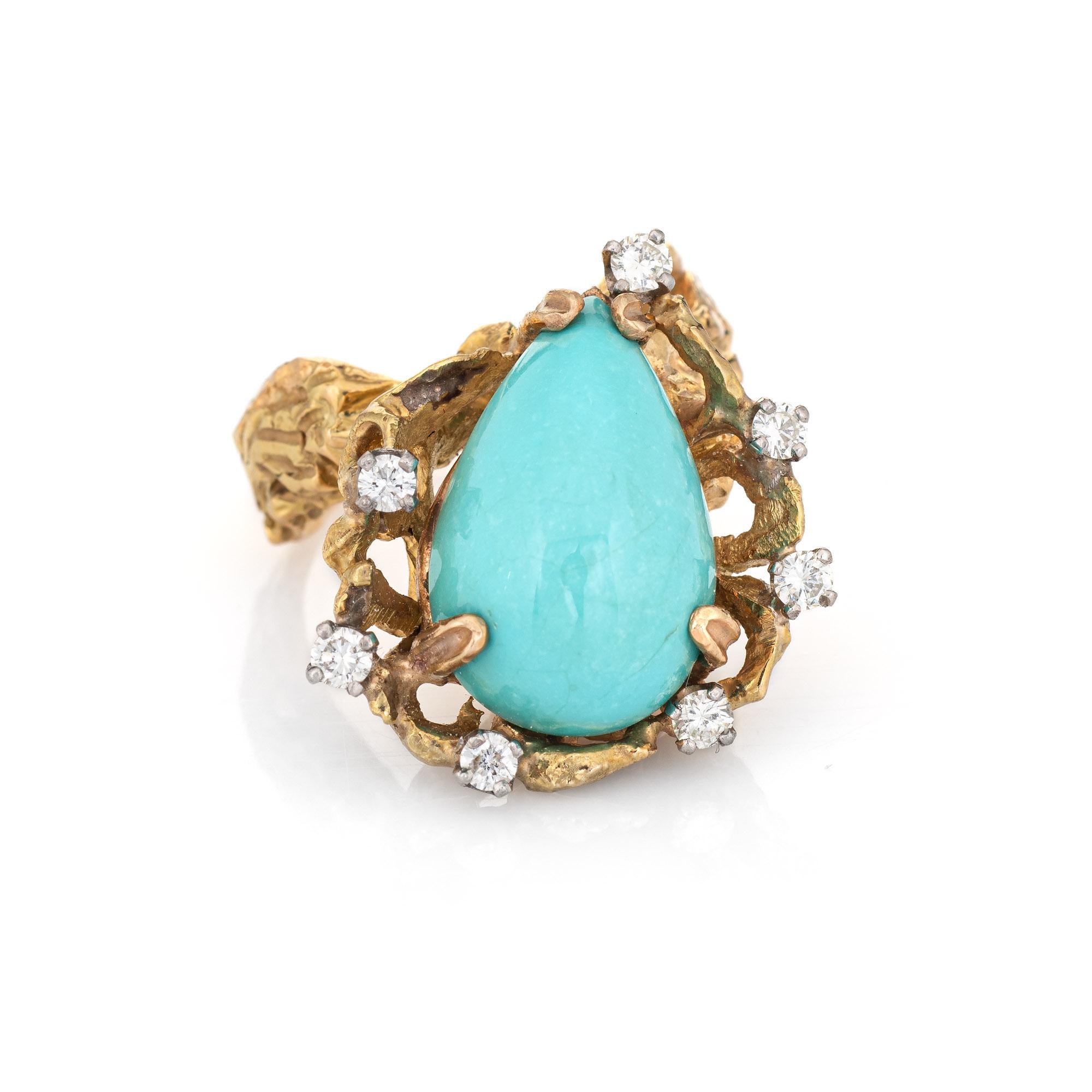 Stylish vintage turquoise & diamond ring (circa 1960s to 1970s) crafted in 18 karat yellow gold. 

Cabochon cut turquoise measures 18mm x 11mm (estimated at 10 carats), accented with an estimated 0.20 carats of diamonds (estimated at G-H color and