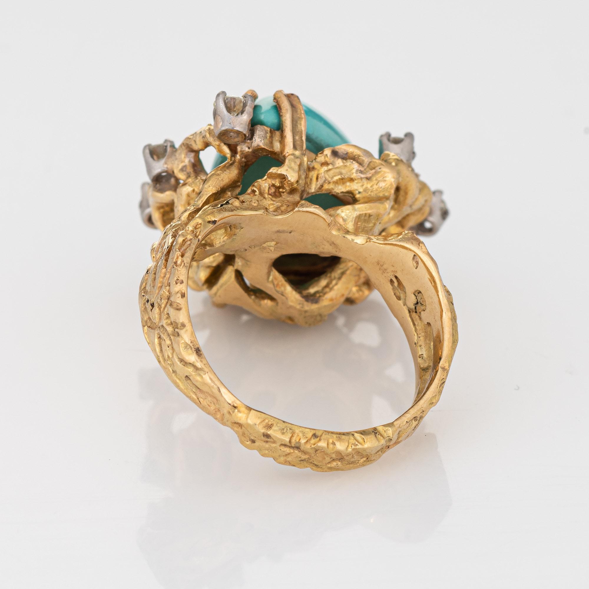 Turquoise Diamond Abstract Ring Vintage 18k Yellow Gold Sz 7 Fine Jewelry In Good Condition In Torrance, CA