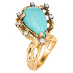 Turquoise Diamond Abstract Ring Vintage 18k Yellow Gold Sz 7 Fine Jewelry