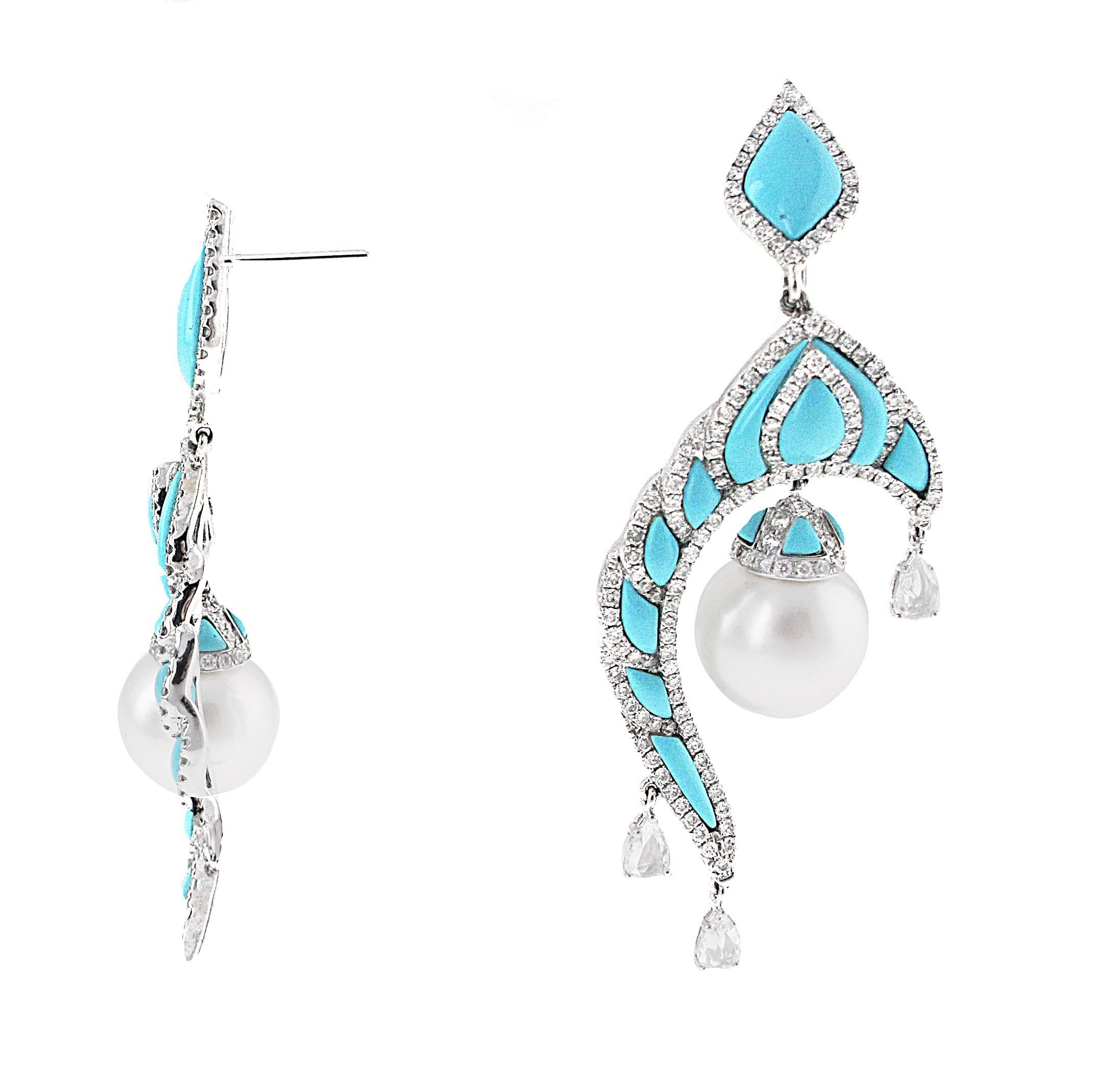 Modern Turquoise, Diamond and 18 Karat White Gold Pearl Dangle Earrings