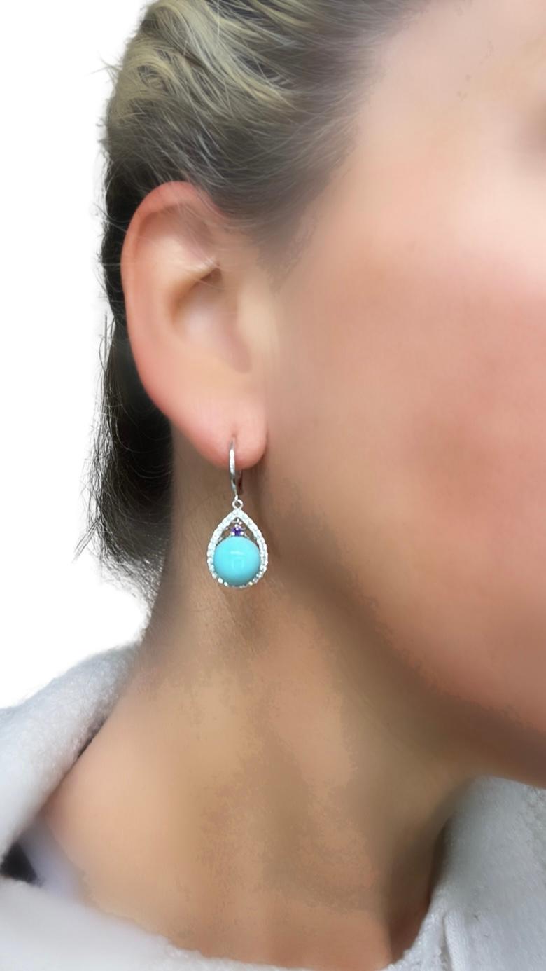 Contemporary Turquoise, Diamond and Amethyst Drop Earrings