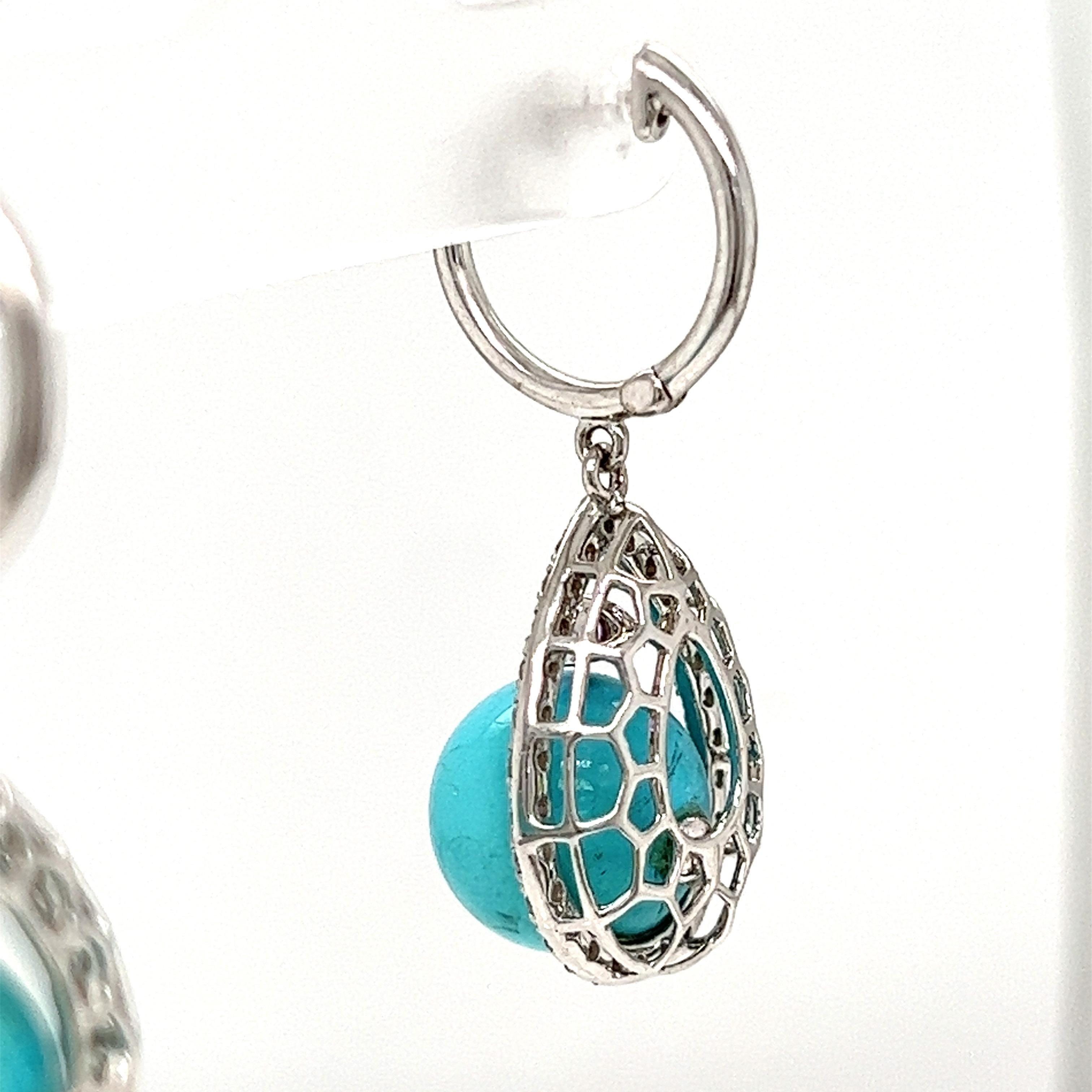 Round Cut Turquoise, Diamond and Amethyst Drop Earrings