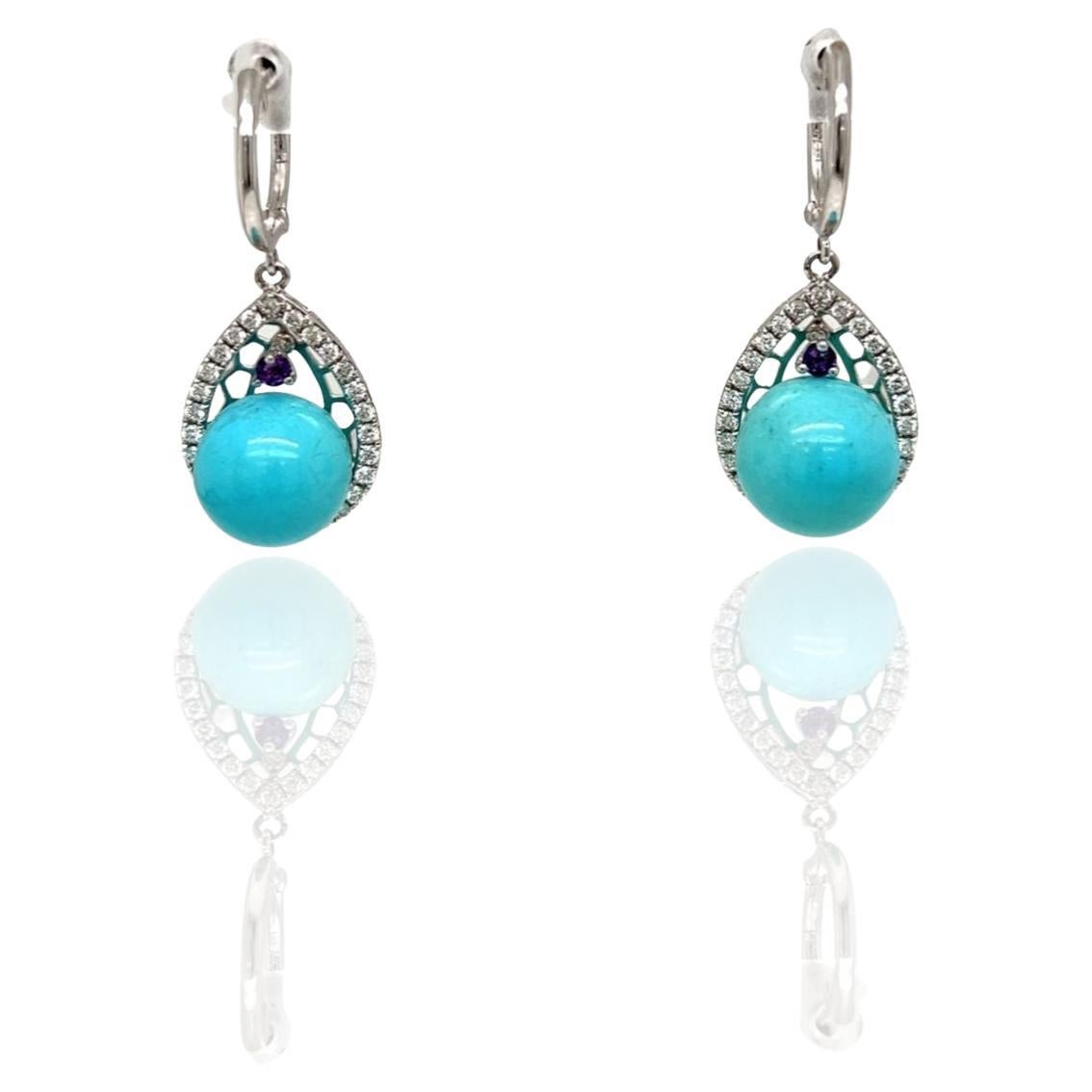 Turquoise, Diamond and Amethyst Drop Earrings