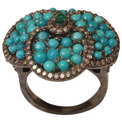 Turquoise, Diamond and Emerald Flower Ring