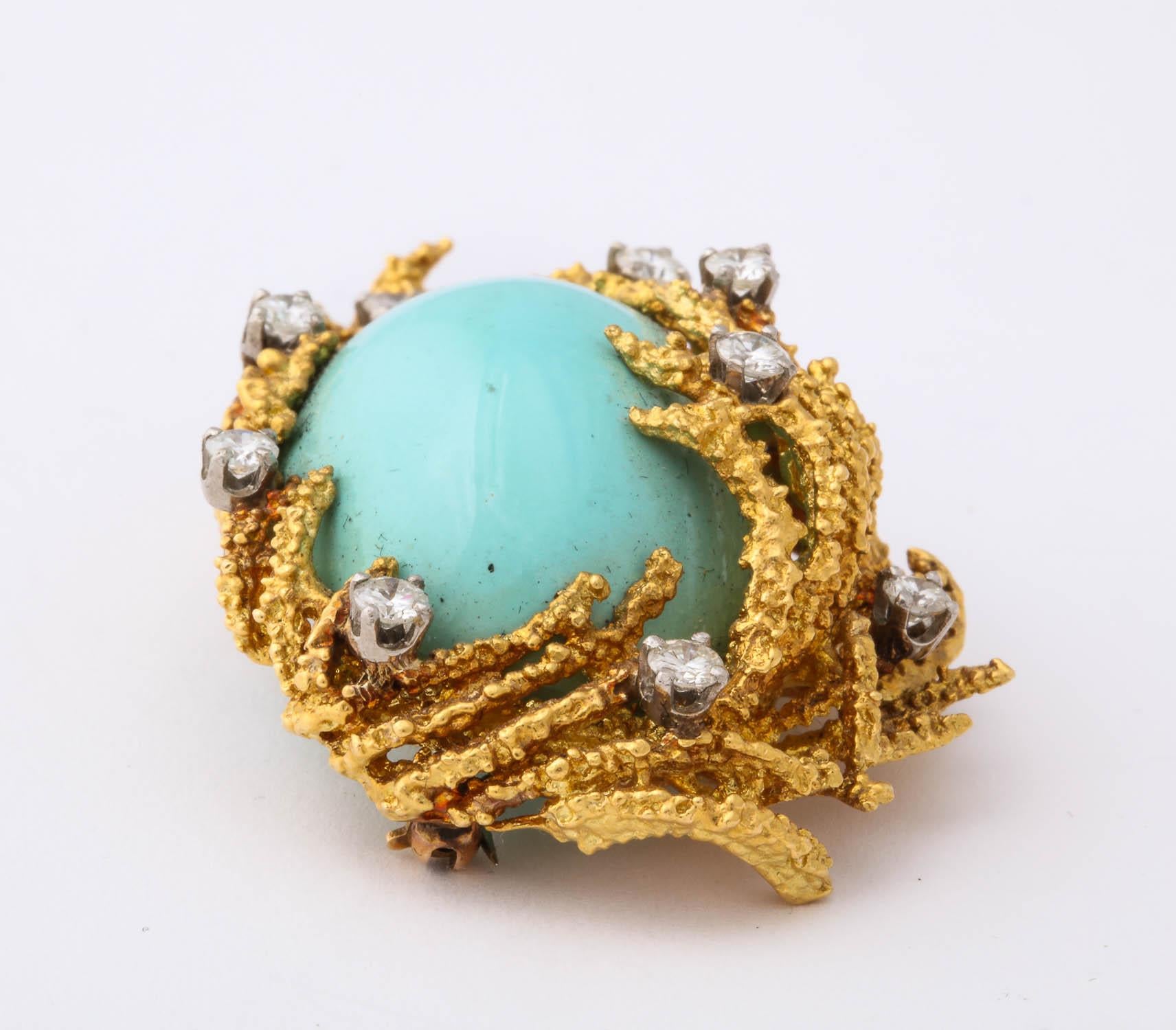 Oval Cut Turquoise, Diamond and Gold Brooch