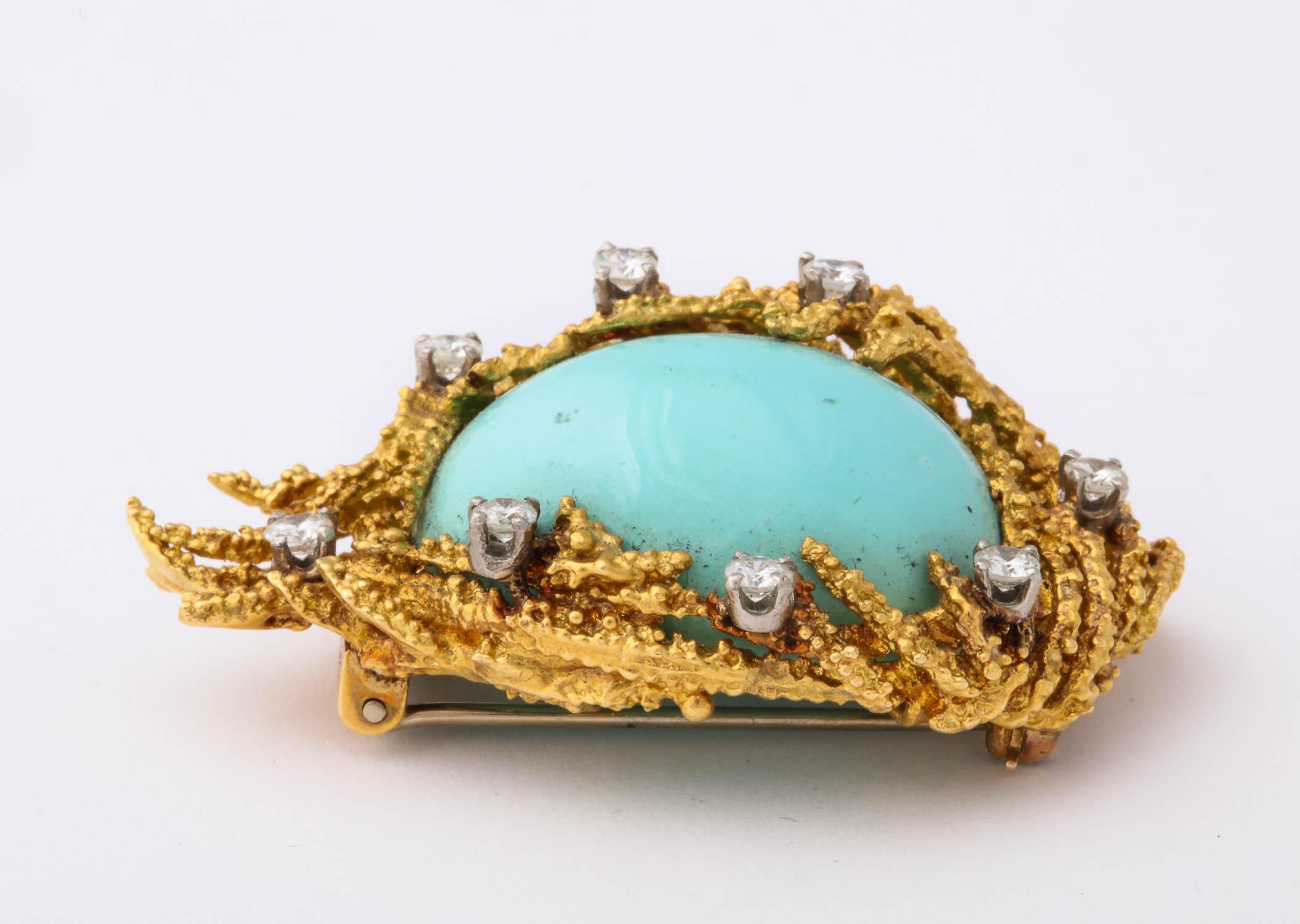 Turquoise, Diamond and Gold Brooch In Good Condition In New York, NY