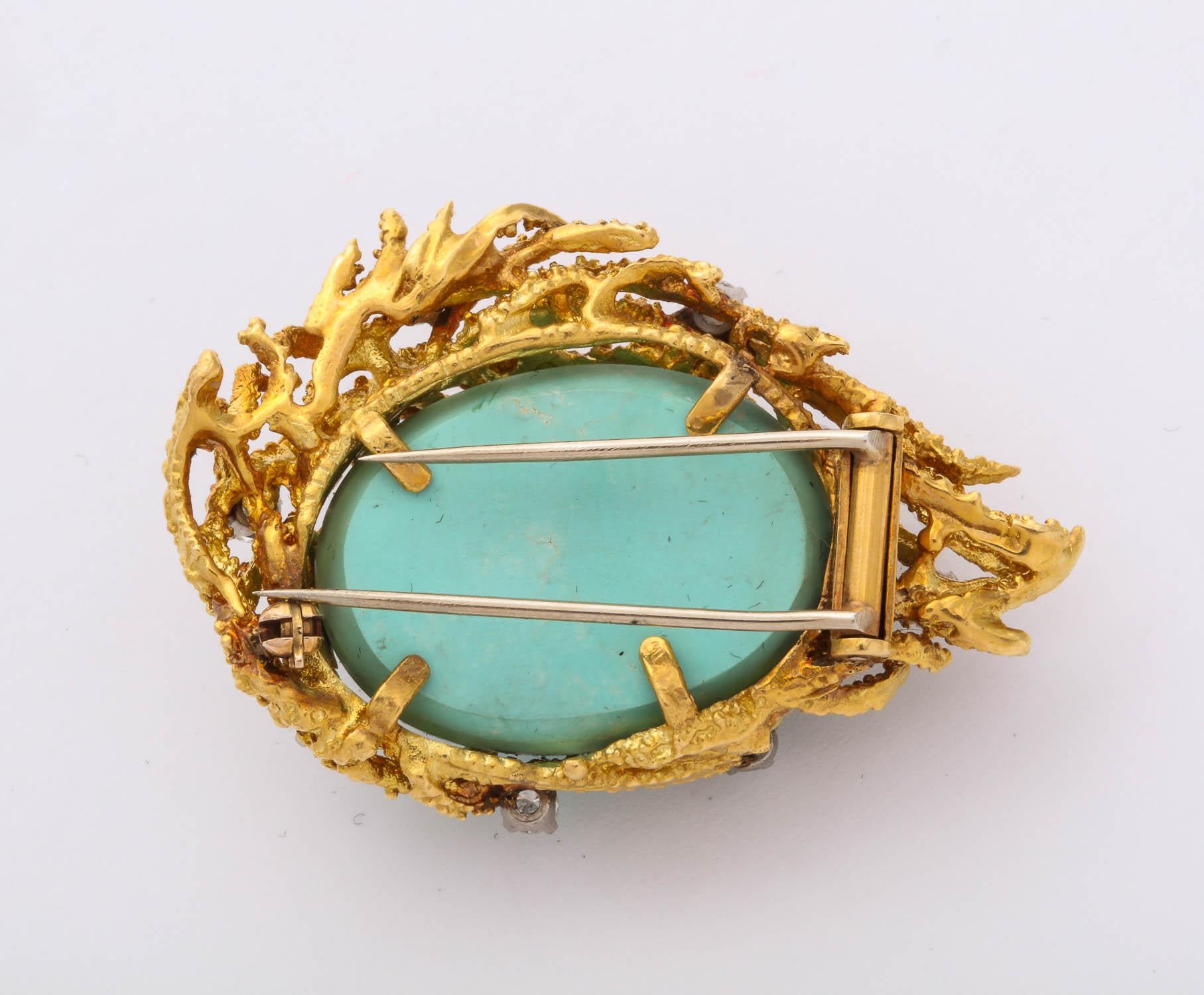 Turquoise, Diamond and Gold Brooch For Sale at 1stDibs