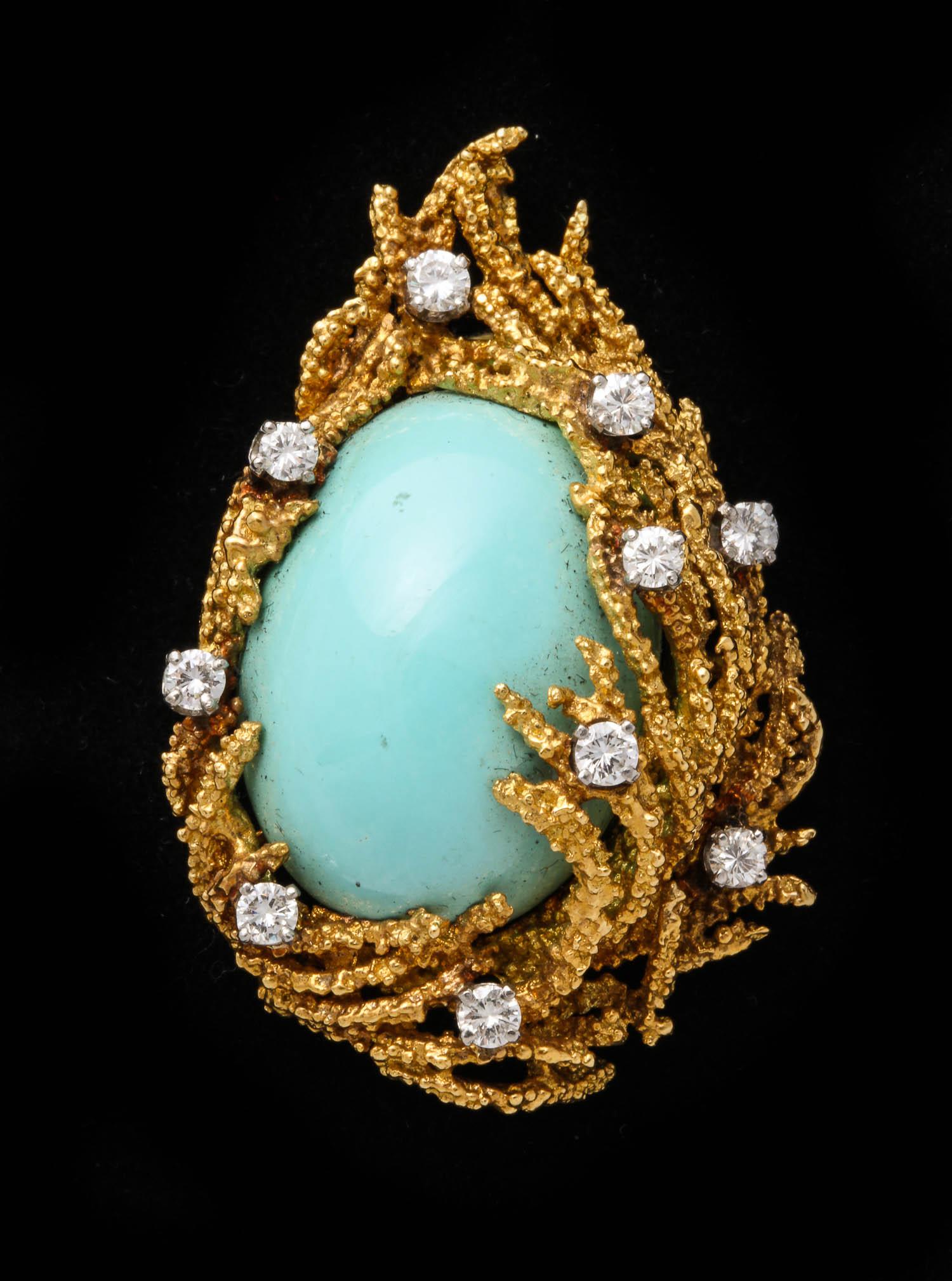 Turquoise, Diamond and Gold Brooch 1
