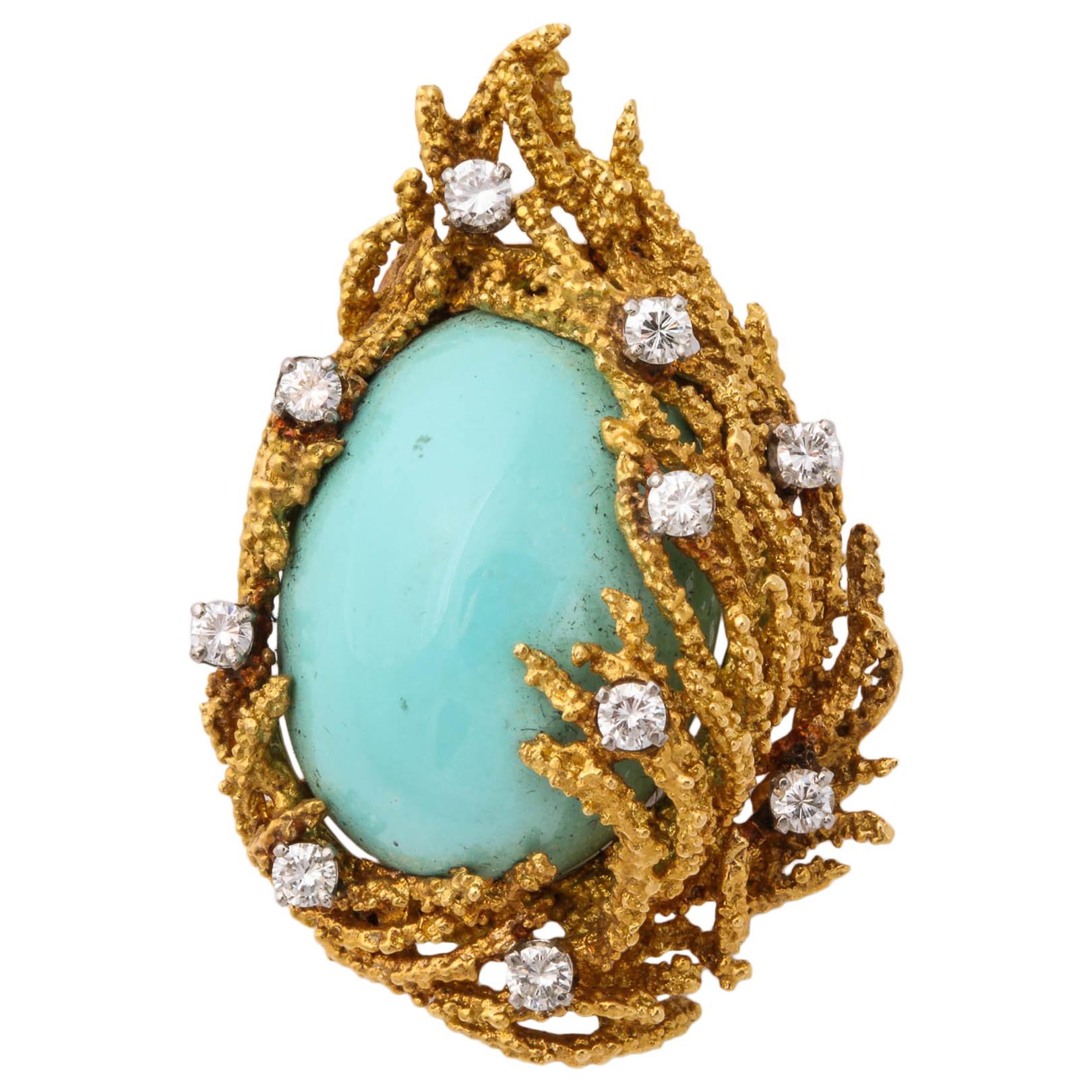 Turquoise, Diamond and Gold Brooch