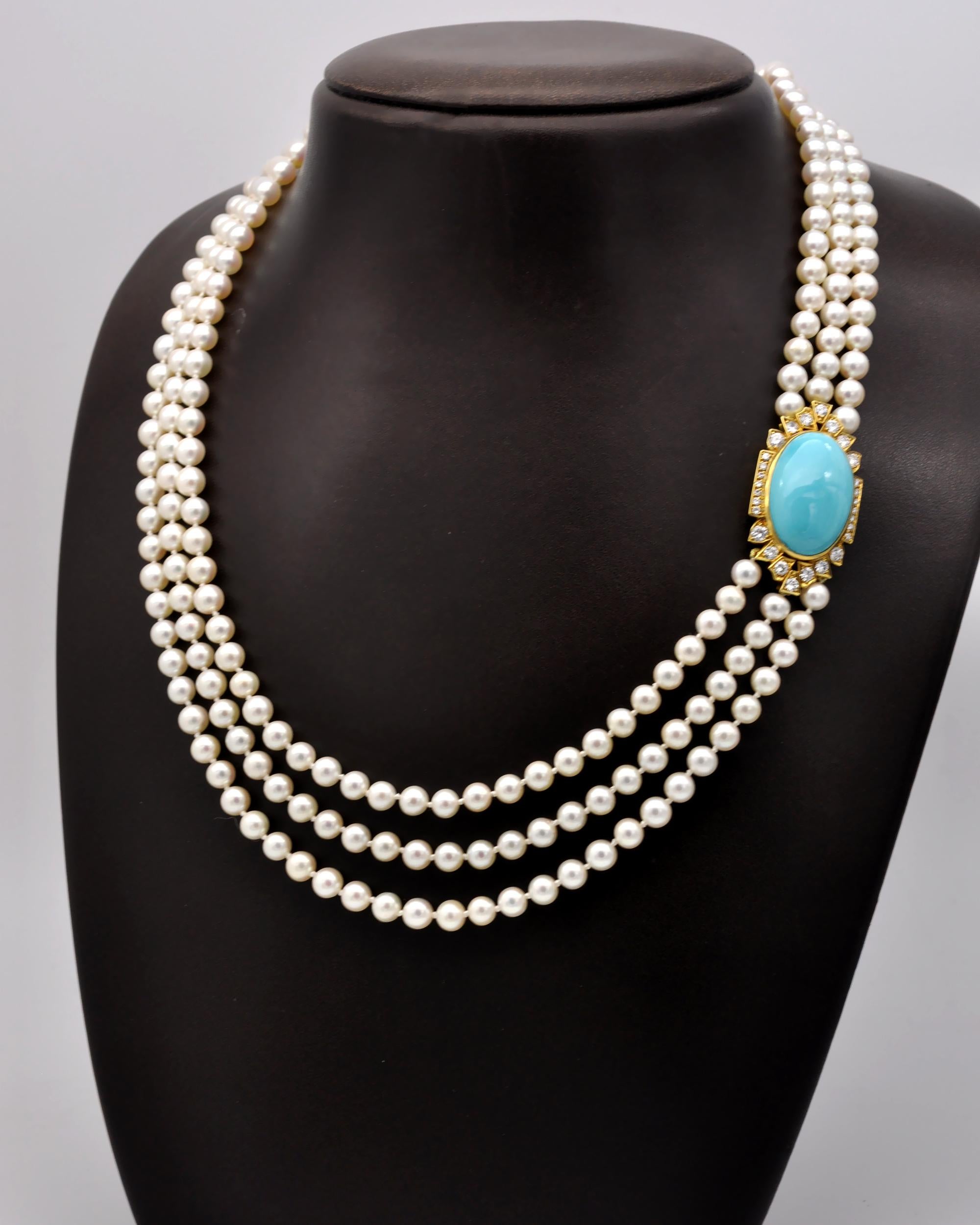 Cabochon Turquoise, Diamond and Gold Three Strands of Pearl Opera Necklace For Sale