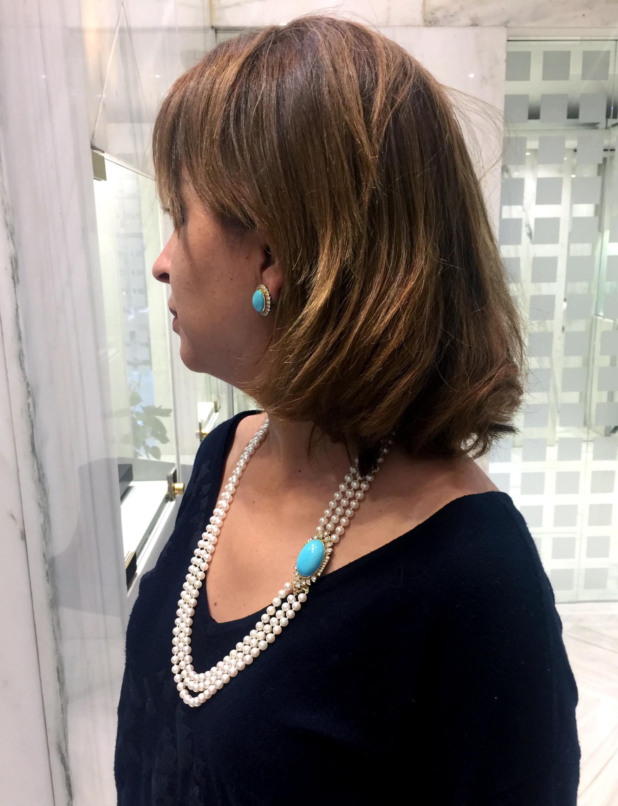 Turquoise, Diamond and Gold Three Strands of Pearl Opera Necklace In New Condition For Sale In Monte Carlo, MC