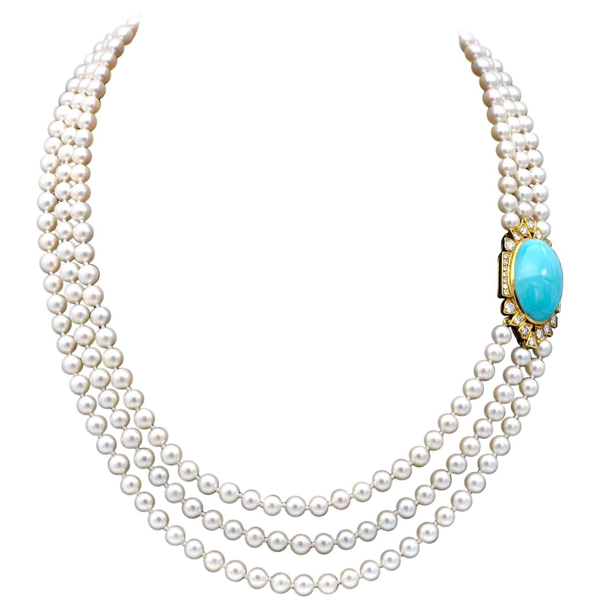Collar de ópera de tres hileras de perlas con turquesa, diamantes y oro