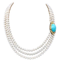 Turquoise, Diamond and Gold Three Strands of Pearl Opera Necklace