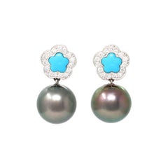 Vintage Turquoise Diamond and Tahitian Pearl Dangling Earrings in 18k