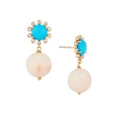 Turquoise, Diamond & Angel Skin Coral Dangle Earrings in 18 Karat Yellow Gold