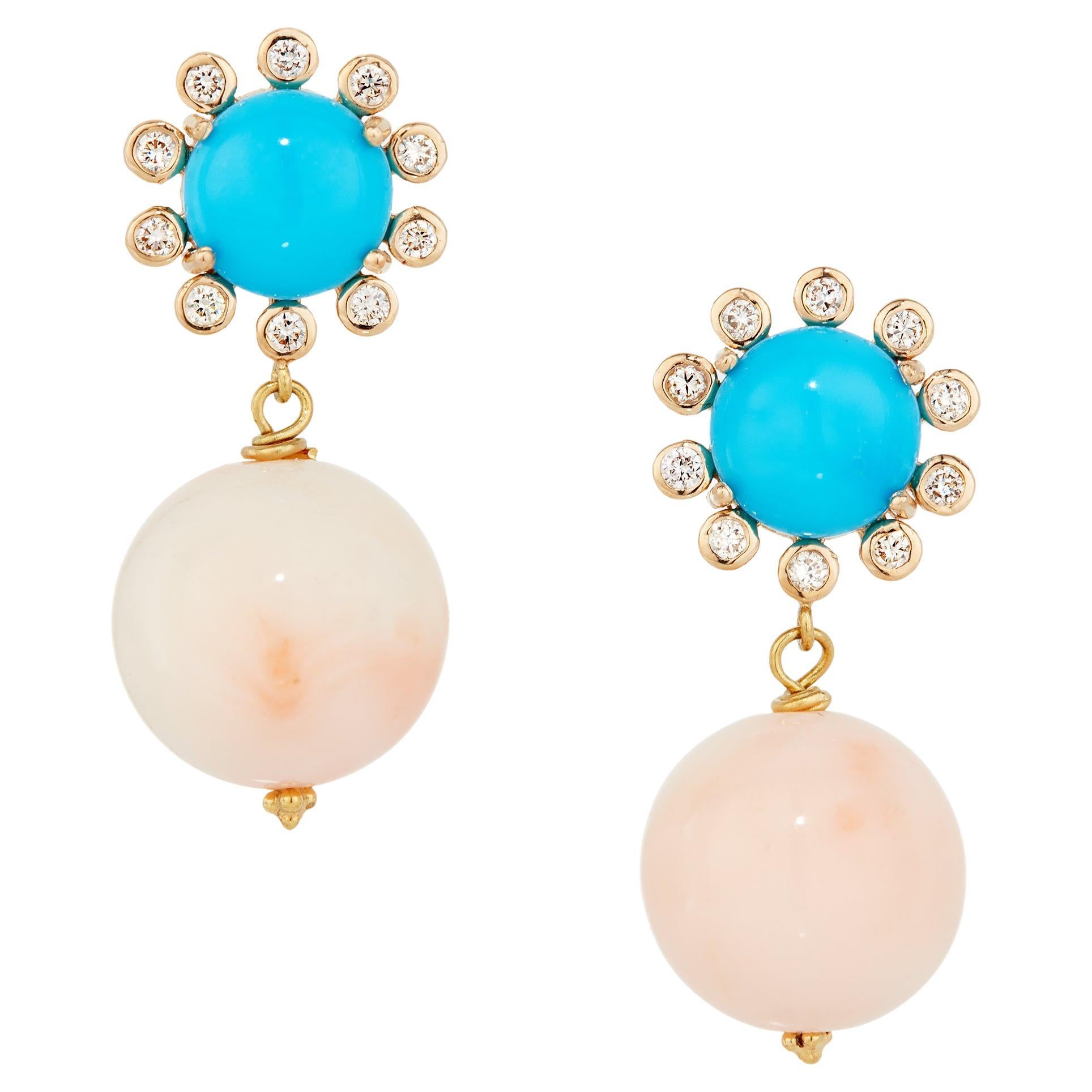 Turquoise, Diamond & Angel Skin Coral Dangle Earrings in 18 Karat Yellow Gold For Sale