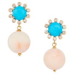 Turquoise, Diamond & Angel Skin Coral Dangle Earrings in 18 Karat Yellow Gold