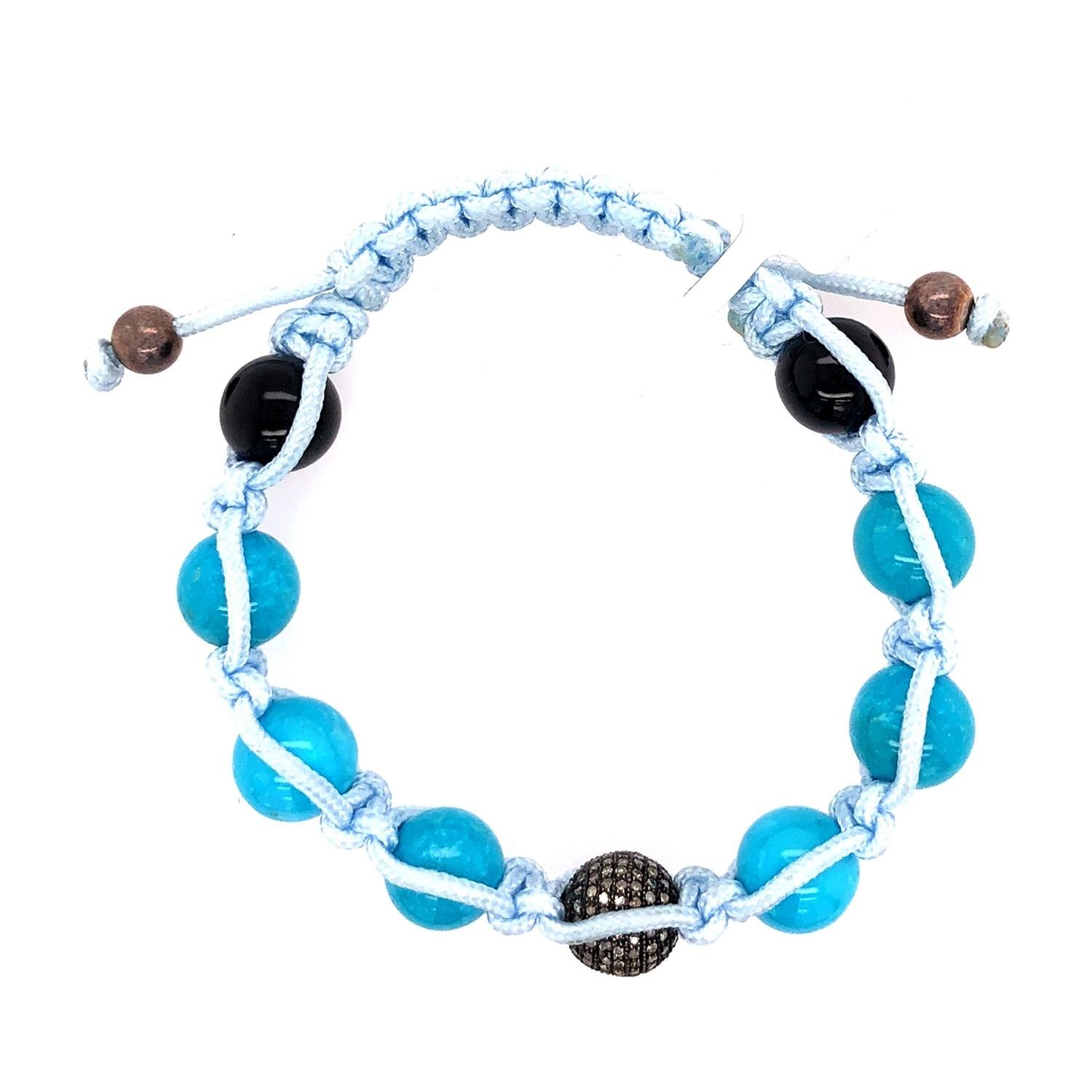 Artisan Turquoise & Diamond Beaded Macrame Bracelet For Sale