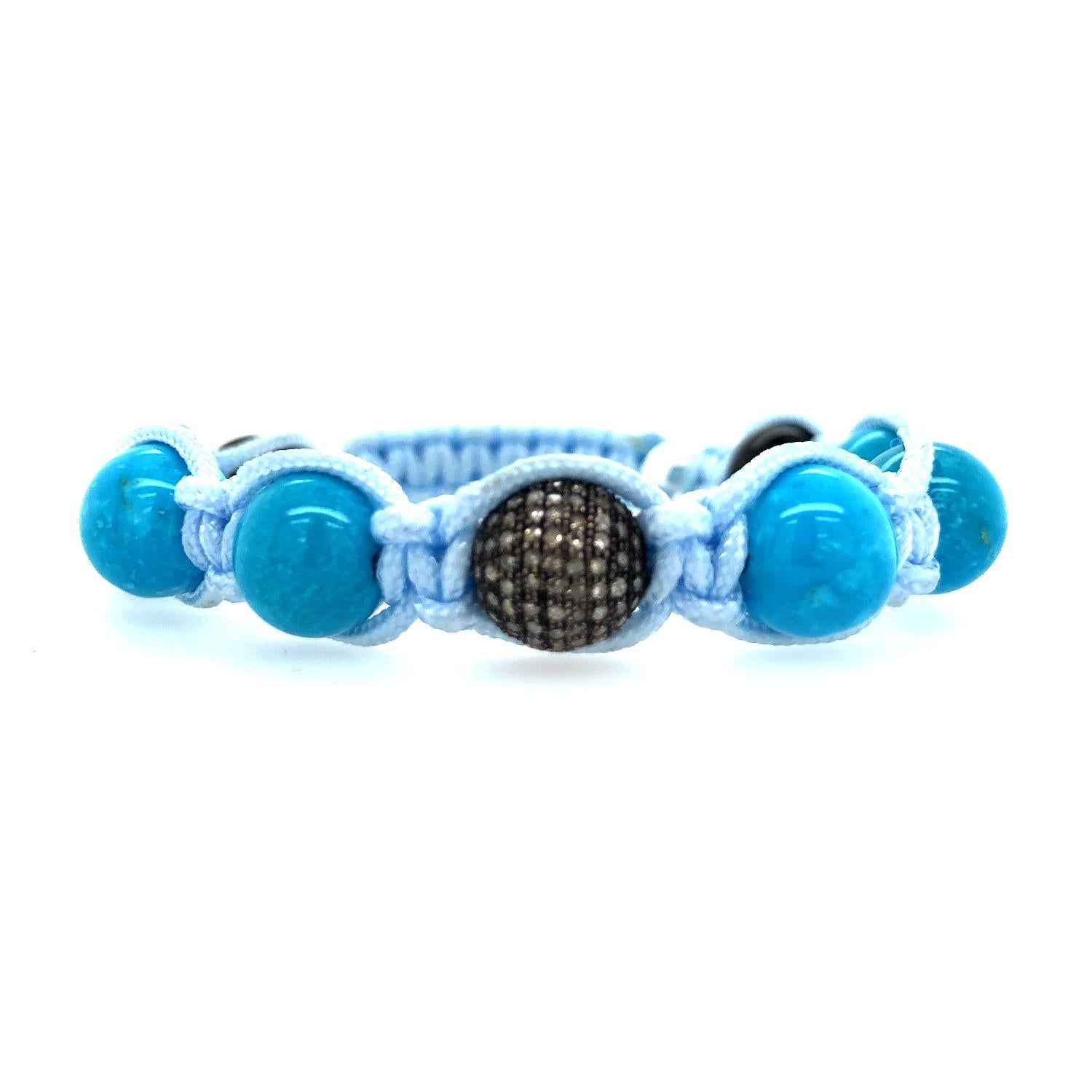 Turquoise & Diamond Beaded Macrame Bracelet In New Condition For Sale In New York, NY