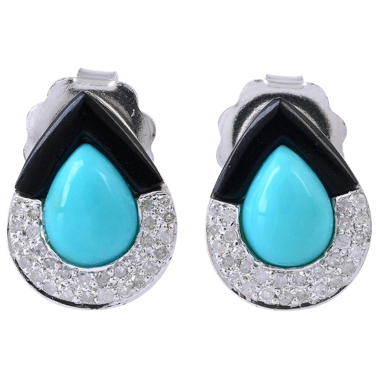 Turquoise Diamond Black Onyx Stud Earrings For Sale
