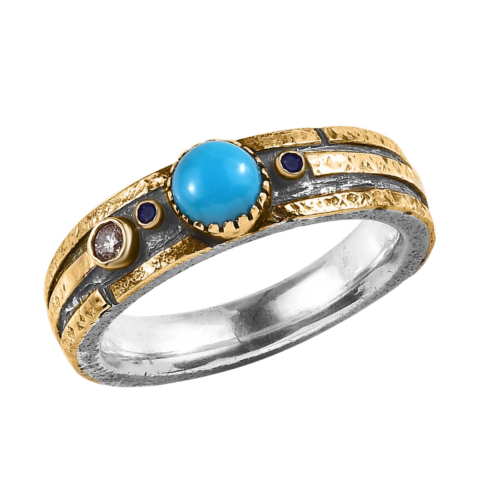 Cabochon Emma Chapman Anello a fascia in oro giallo e argento con diamante turchese e zaffiro blu in vendita