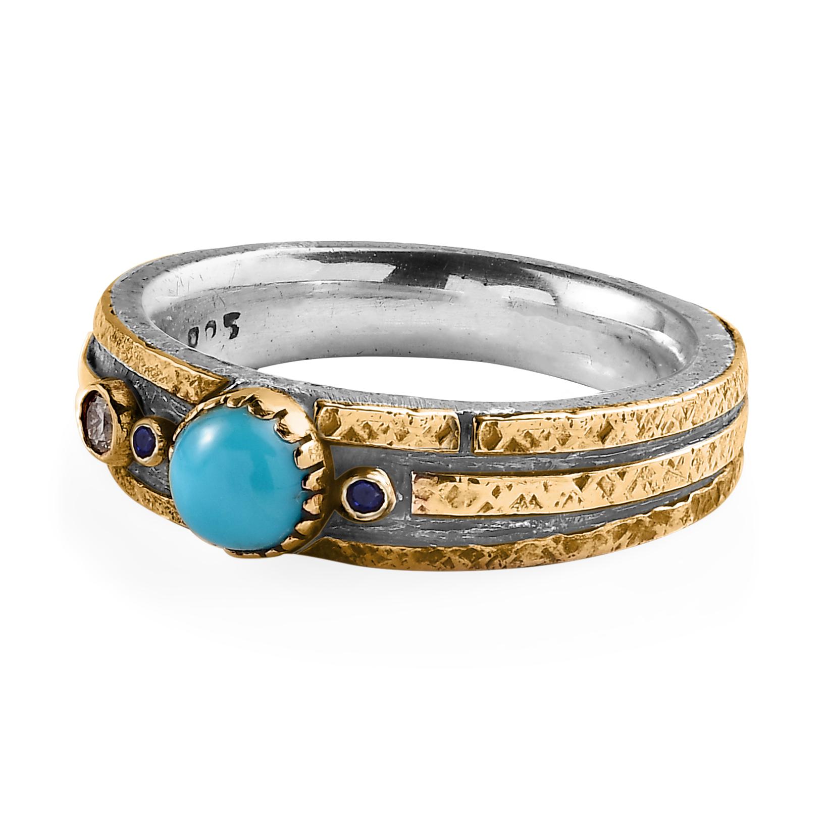 Emma Chapman Anello a fascia in oro giallo e argento con diamante turchese e zaffiro blu In condizioni Nuovo in vendita a Frome, Somerset