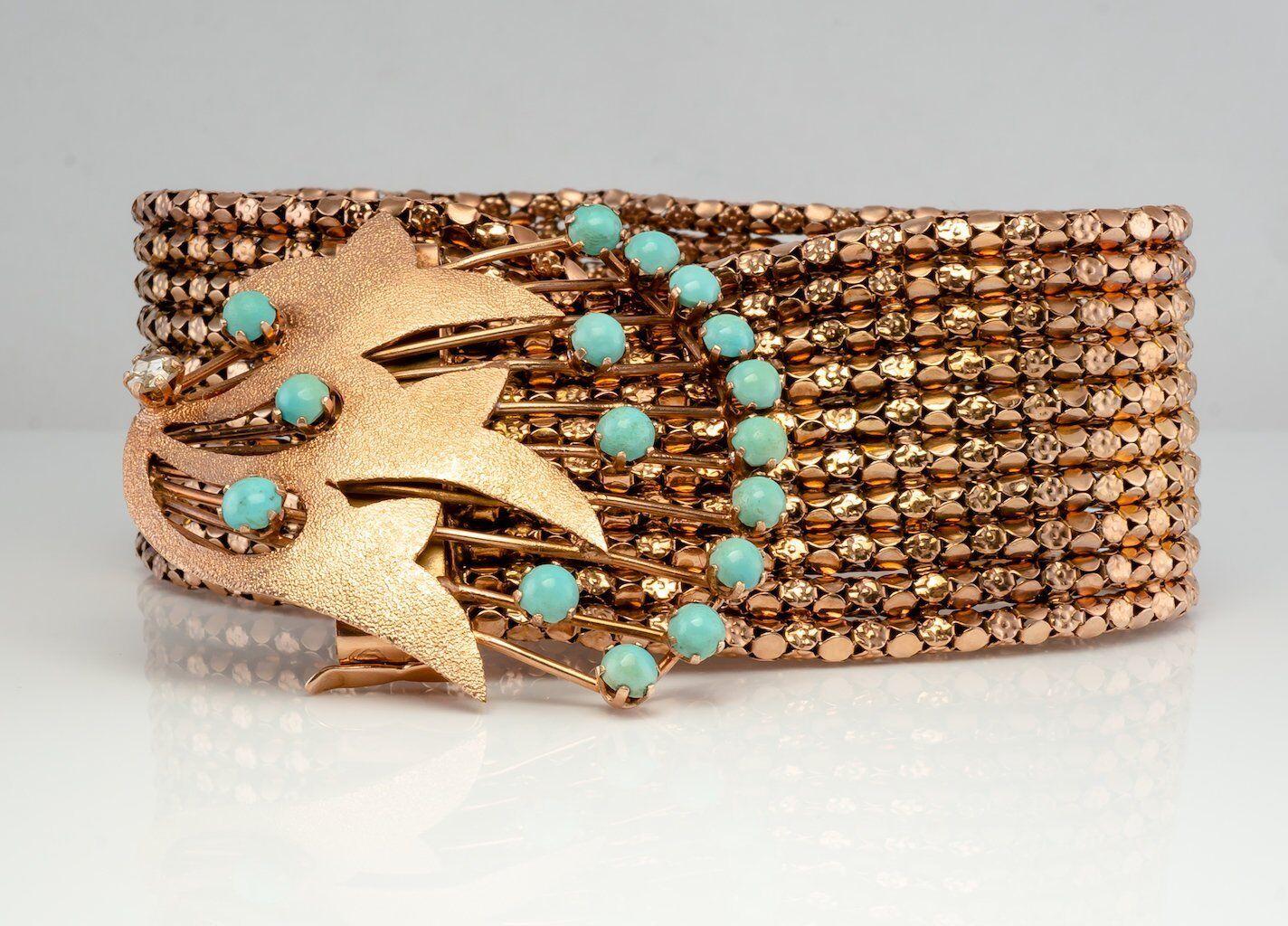 Gorgeous Turquoise Bracelet Gold Mesh. The main presentation holds 15 genuine Earth mined Turquoise of high quality. Each cabochon measures 3mm. It also has .08 carat Rose cut diamond of SI2 clarity and HI color. The center presentation measures