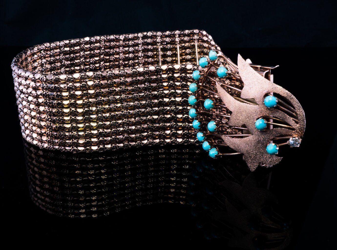 Turquoise Diamond Bracelet Floral 14K Rose Gold Mesh Cuff For Sale 3