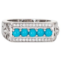 Turquoise Diamond Bridge Ring Estate 18k White Gold Band Sz 7 Fine Jewelry