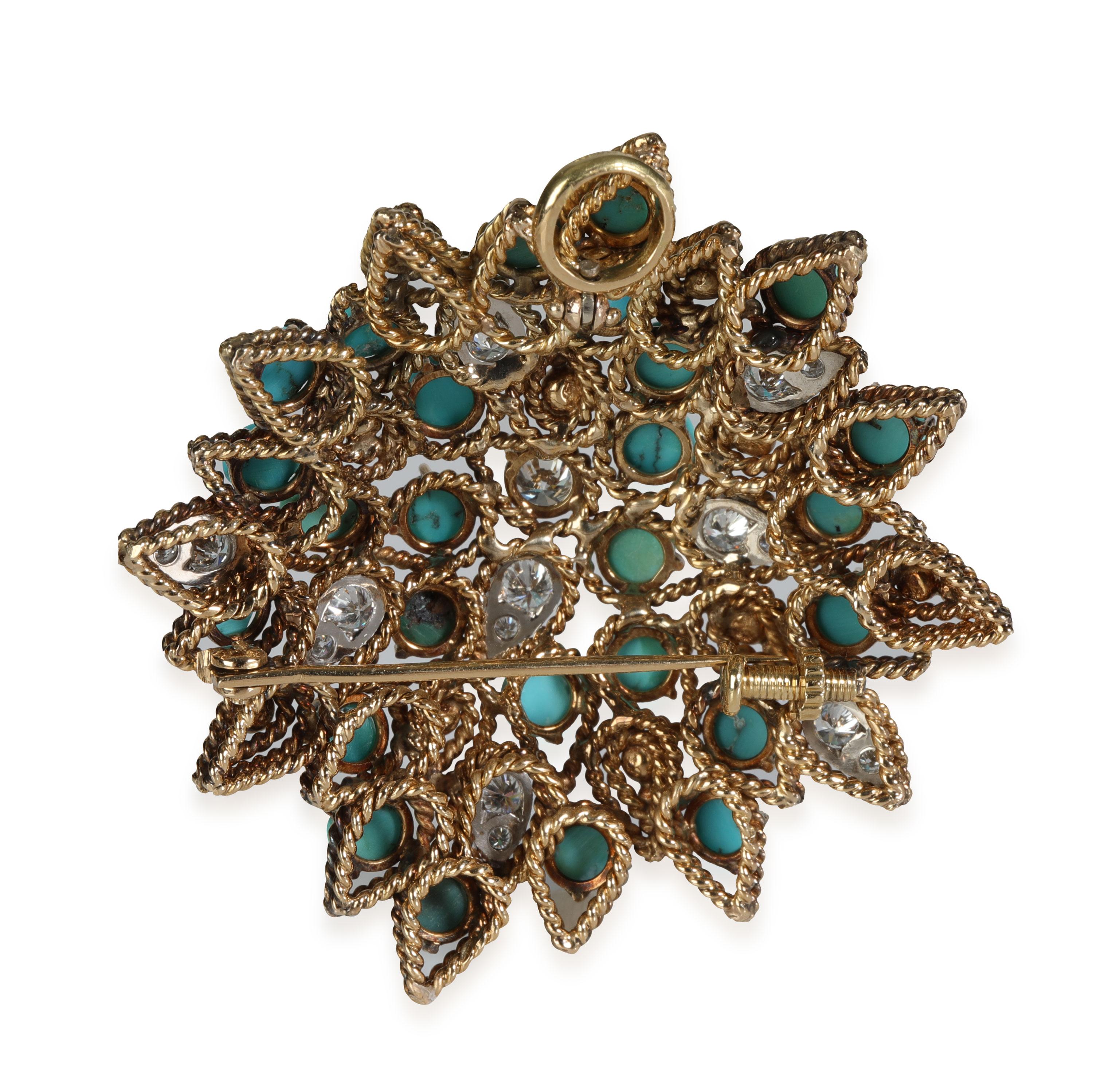 Turquoise Diamond Brooch in 14-16K Yellow Gold 2.33 CTW

PRIMARY DETAILS
SKU: 116222
Listing Title: Turquoise Diamond Brooch in 14-16K Yellow Gold 2.33 CTW
Condition Description: Retails for 4000 USD. Length is 2 inches.
Metal Type: Yellow