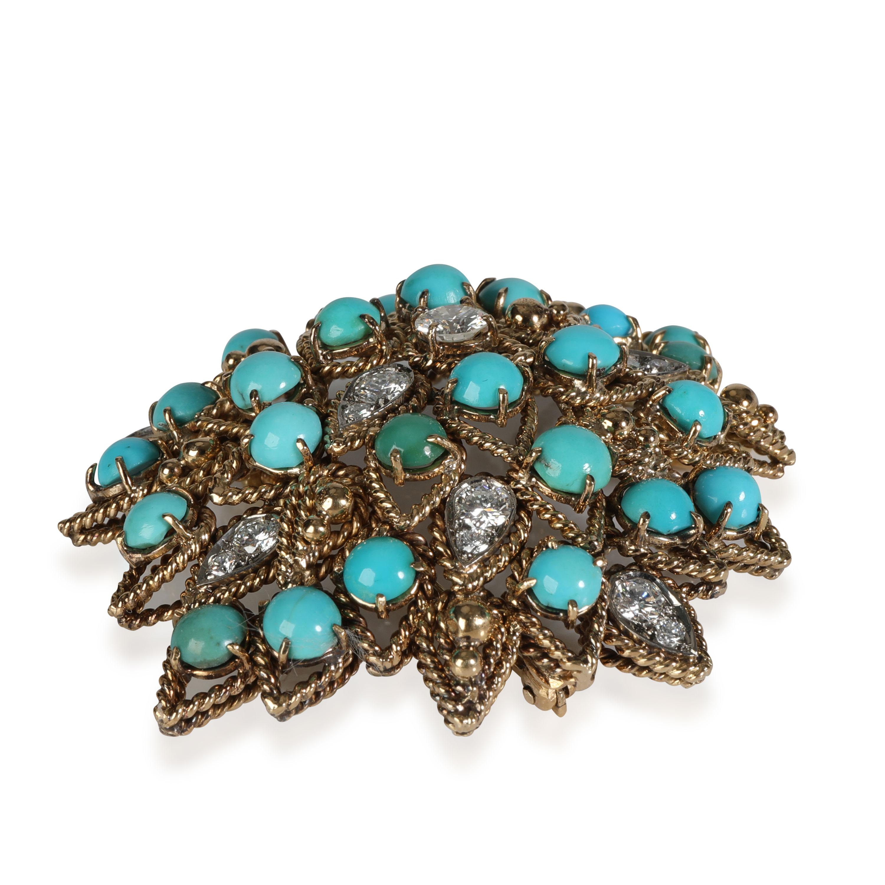 Turquoise Diamond Brooch in 14-16K Yellow Gold 2.33 CTW In Excellent Condition In New York, NY