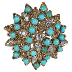 Turquoise Diamond Brooch in 14-16K Yellow Gold 2.33 CTW