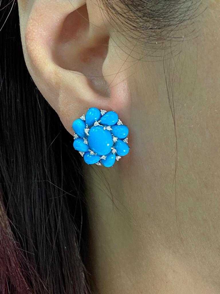 Contemporary Turquoise Diamond Cluster Earring in 14 Karat White Gold