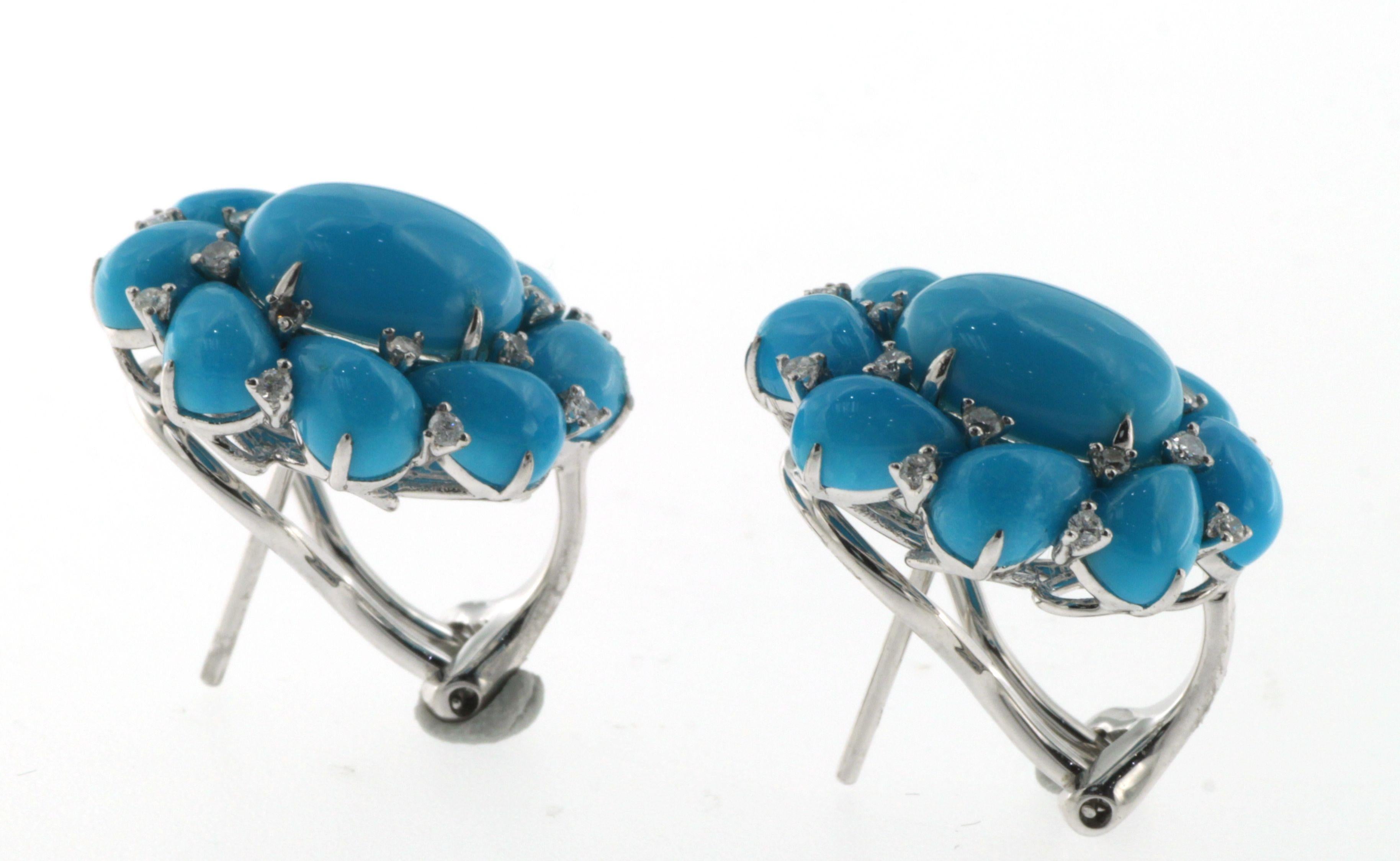 Oval Cut Turquoise Diamond Cluster Earring in 14 Karat White Gold