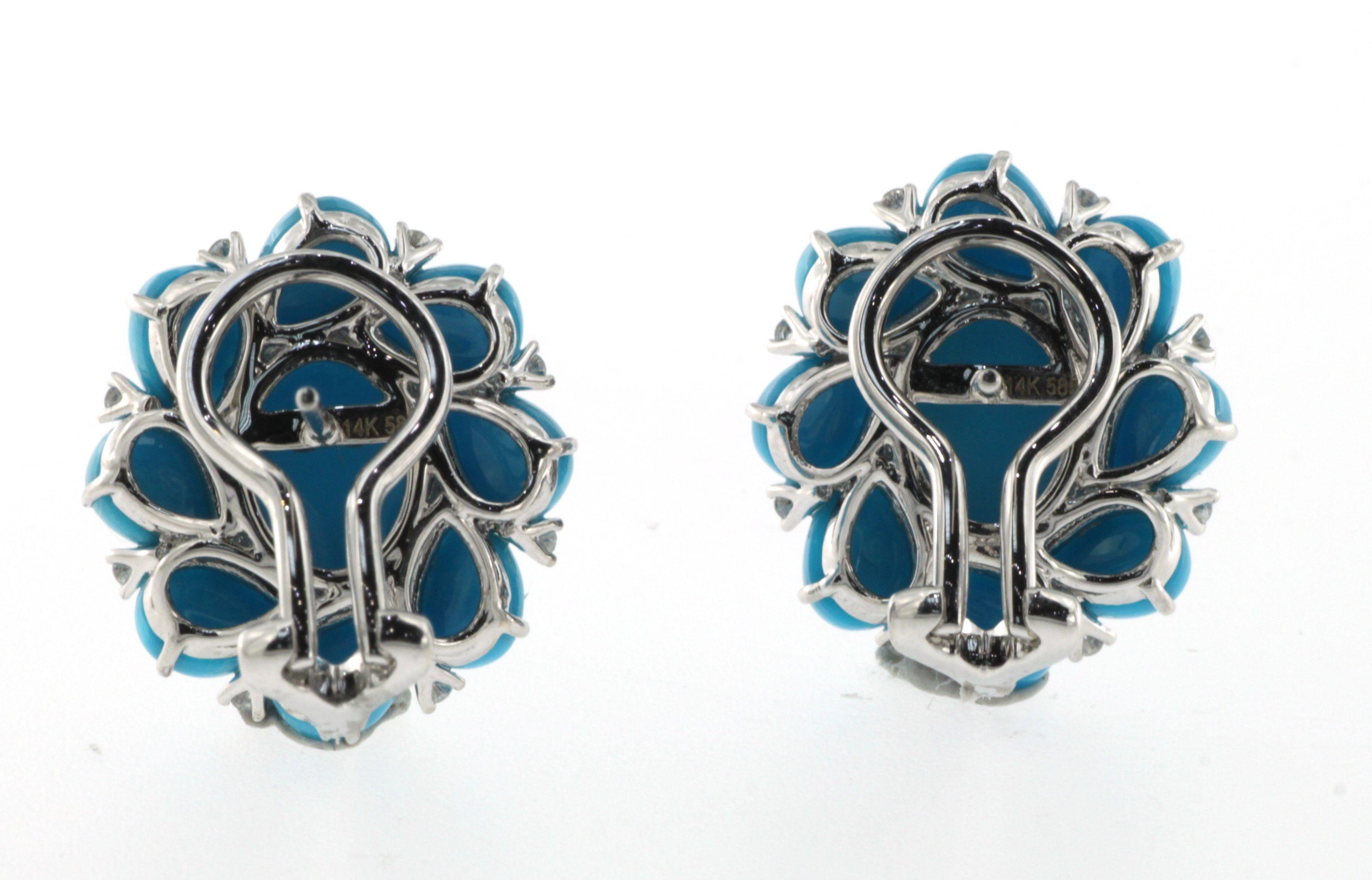 Turquoise Diamond Cluster Earring in 14 Karat White Gold In New Condition In Hong Kong, HK