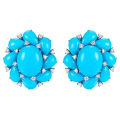 Turquoise Diamond Cluster Earring in 14 Karat White Gold