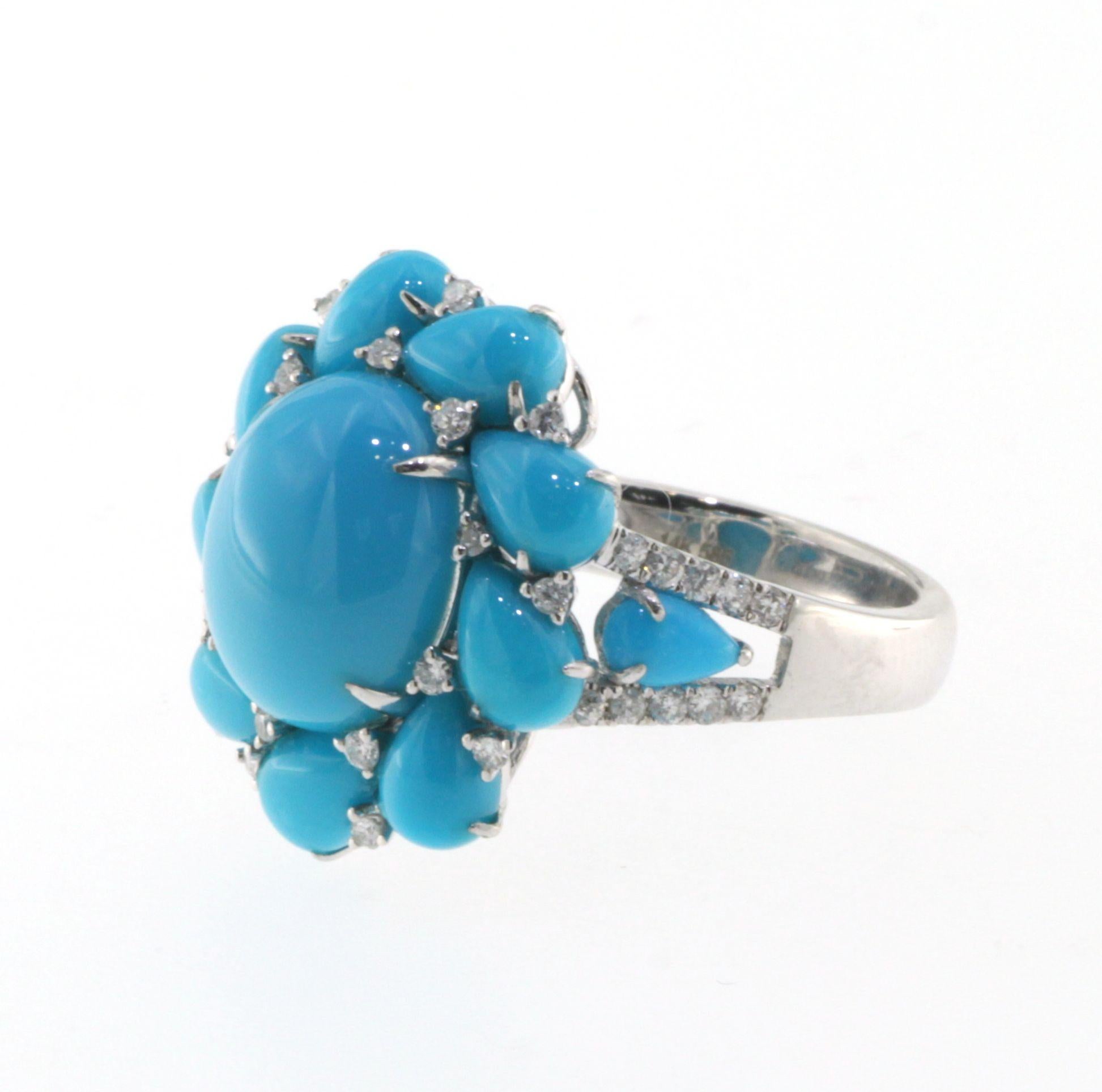 Contemporary Turquoise Diamond Cluster Ring in 14 Karat White Gold