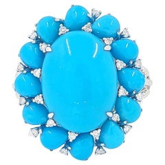 Turquoise Diamond Cluster Ring in 14 Karat White Gold