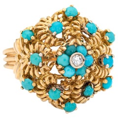 Turquoise Diamond Cluster Ring Vintage 18 Karat Yellow Gold Large Dome Jewelry