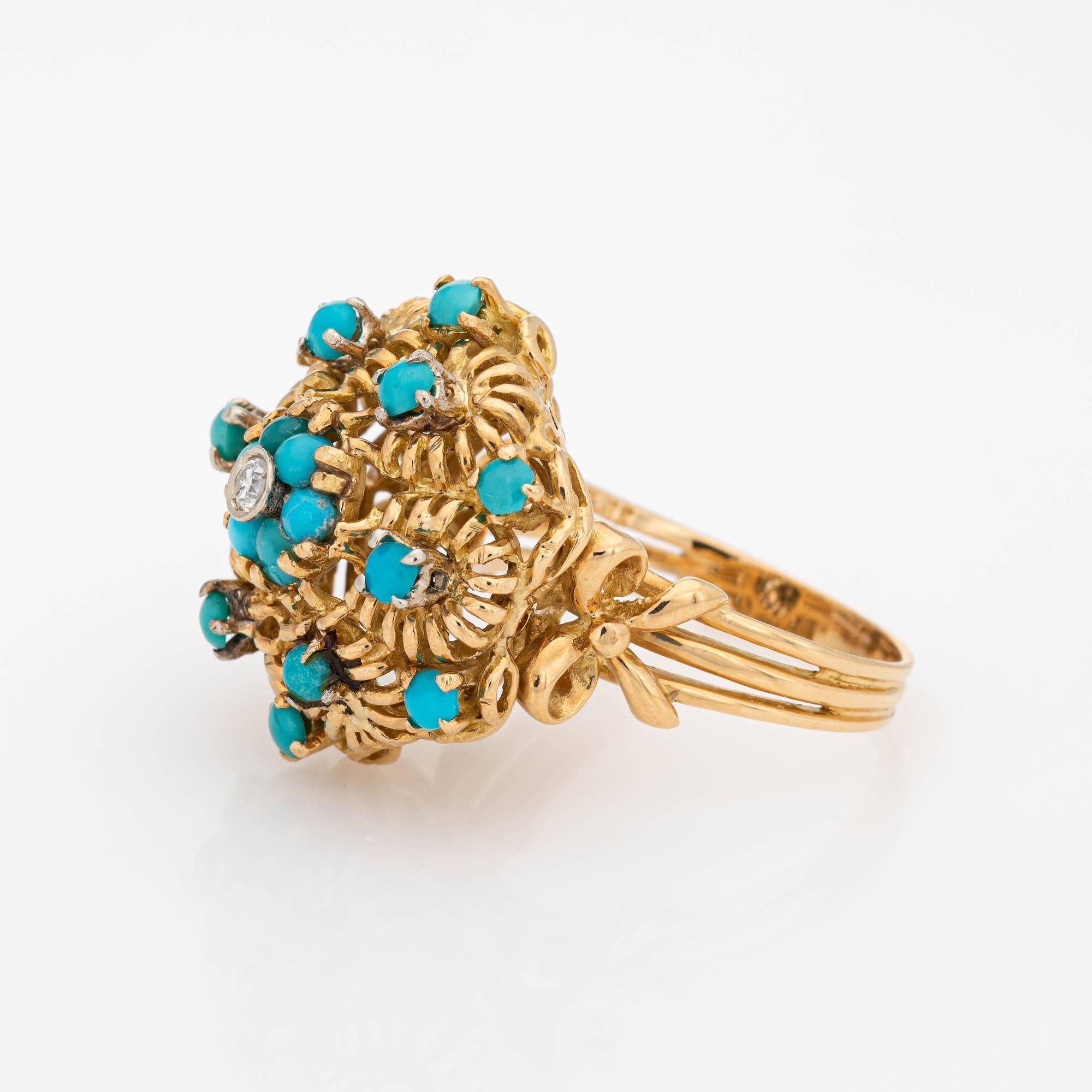 Round Cut Turquoise Diamond Cluster Ring Vintage 18 Karat Yellow Gold Large Dome Jewelry