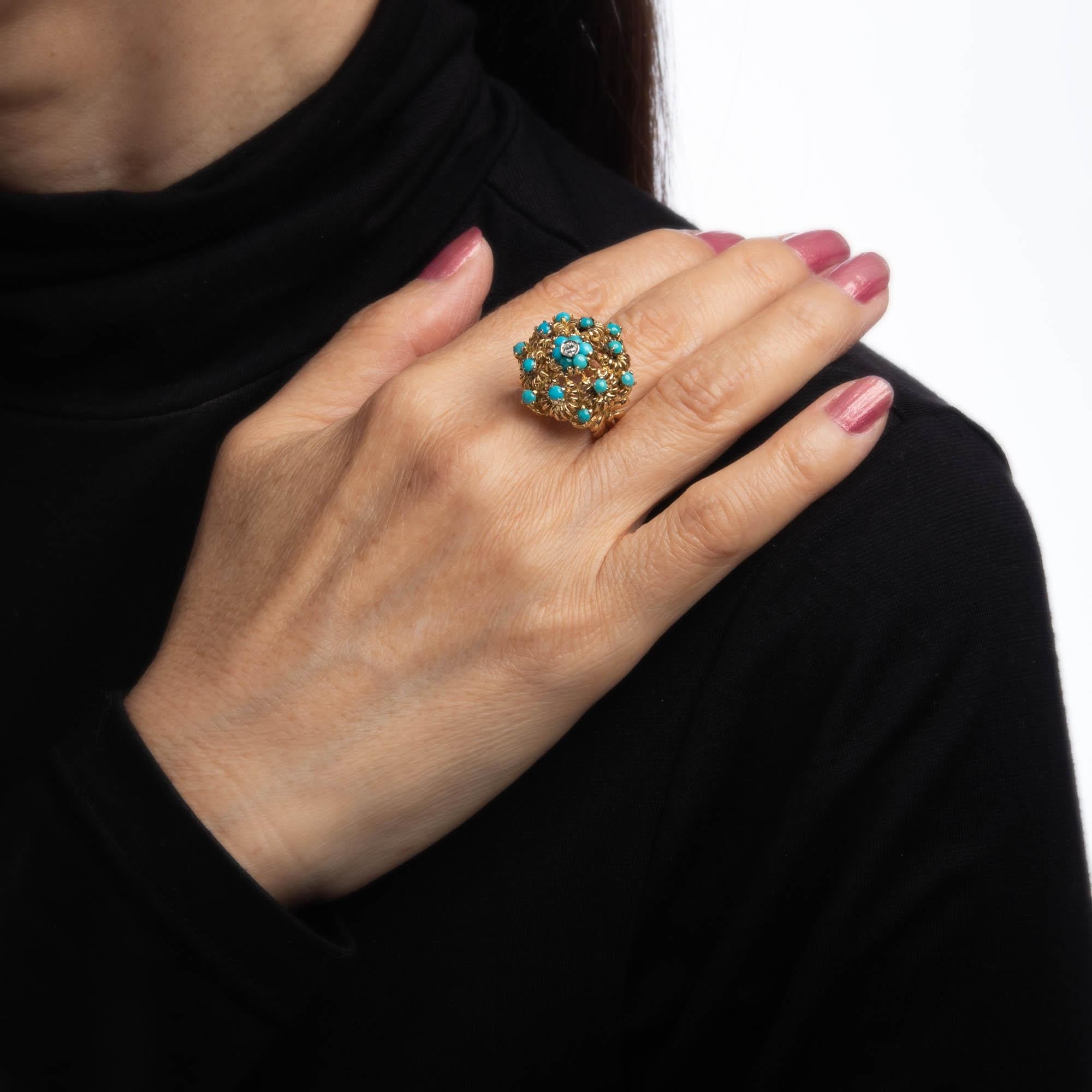 Women's Turquoise Diamond Cluster Ring Vintage 18 Karat Yellow Gold Large Dome Jewelry