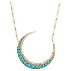 Turquoise Diamond Crescent Moon Necklace 14k Yellow Gold Celestial Fine Jewelry