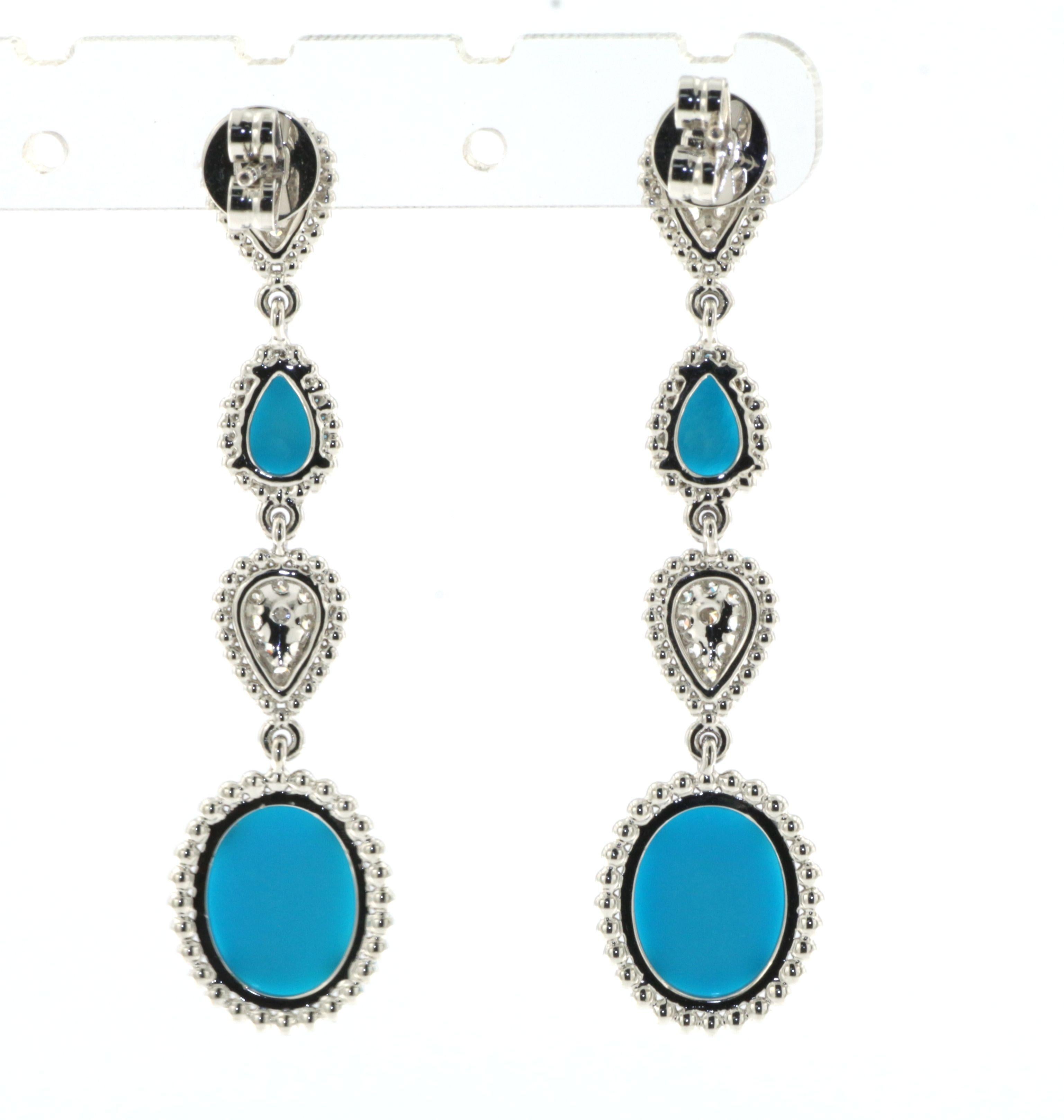 Mixed Cut Turquoise Diamond Dangle Drop Earrings in 14 Karat White Gold