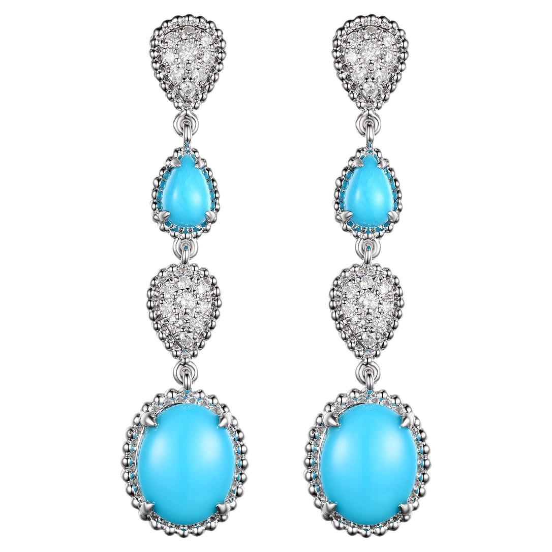 Turquoise Diamond Dangle Drop Earrings in 14 Karat White Gold