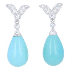 Turquoise & Diamond Earrings 18k White Gold Pierced Drops Round Brilliant .24ctw