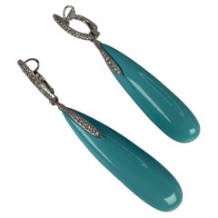 Turquoise Diamond Earrings Long Luxury Cocktail Earrings 14 Karat