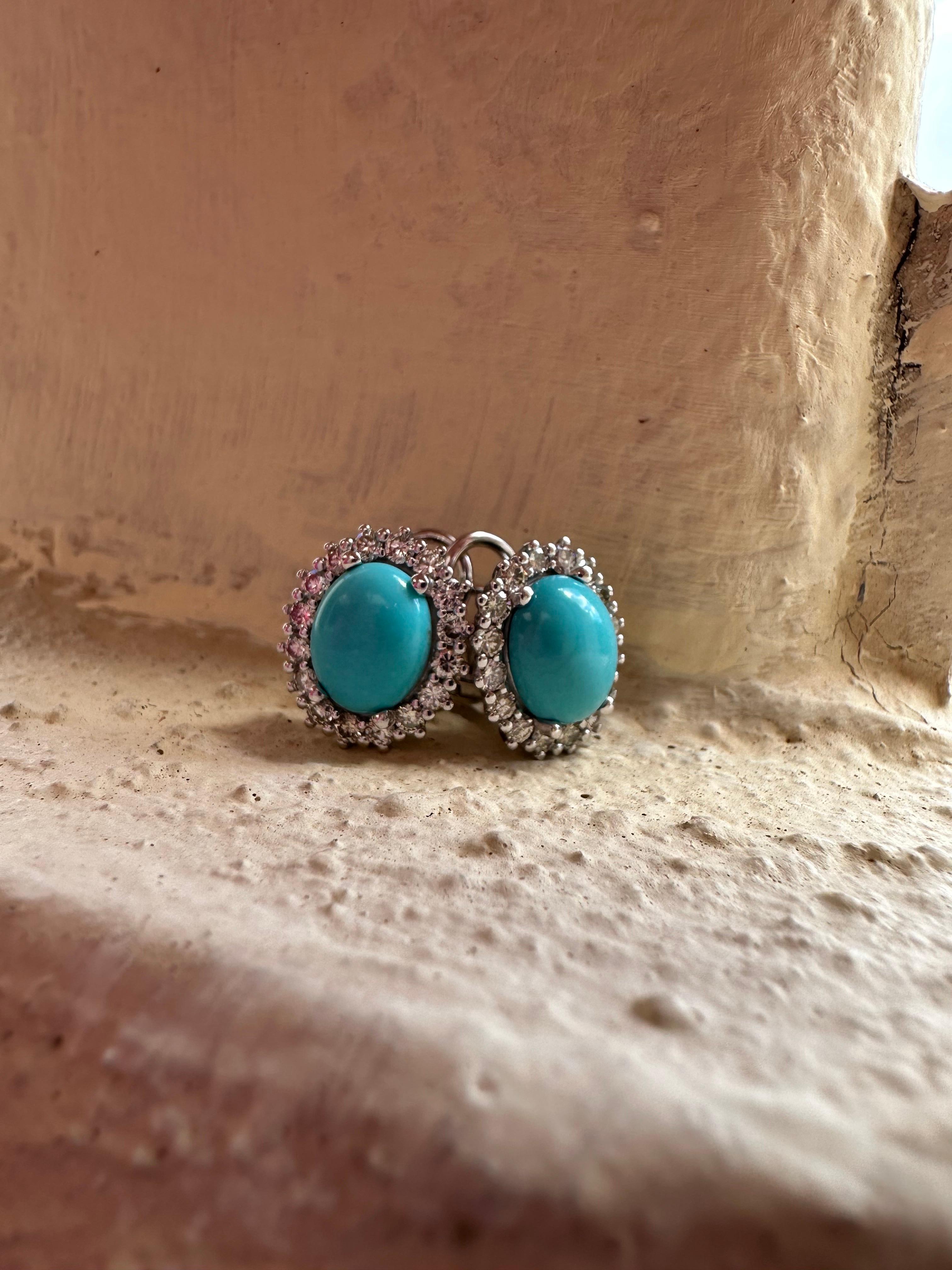 Turquoise Diamond earrings Royal Omega earrings 14KT gold In New Condition For Sale In Boca Raton, FL