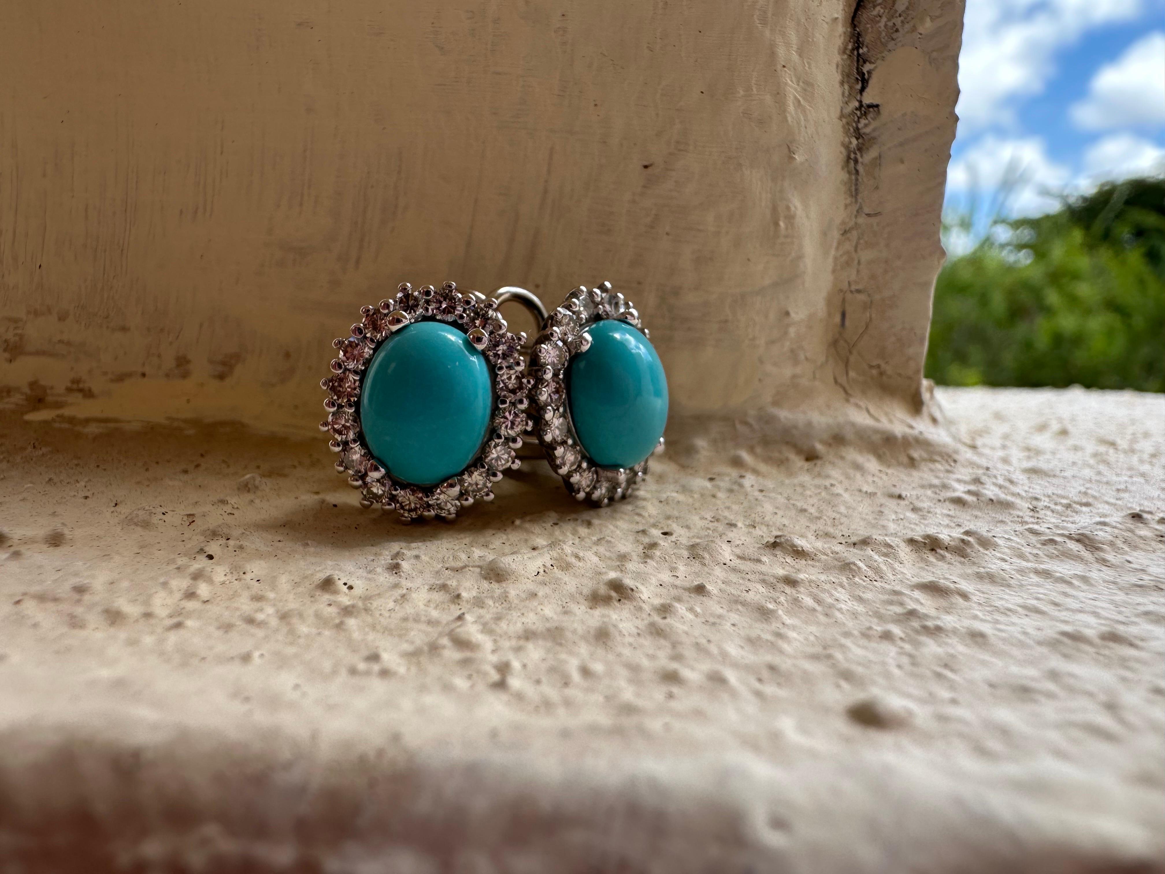 Turquoise Diamond earrings Royal Omega earrings 14KT gold For Sale 1