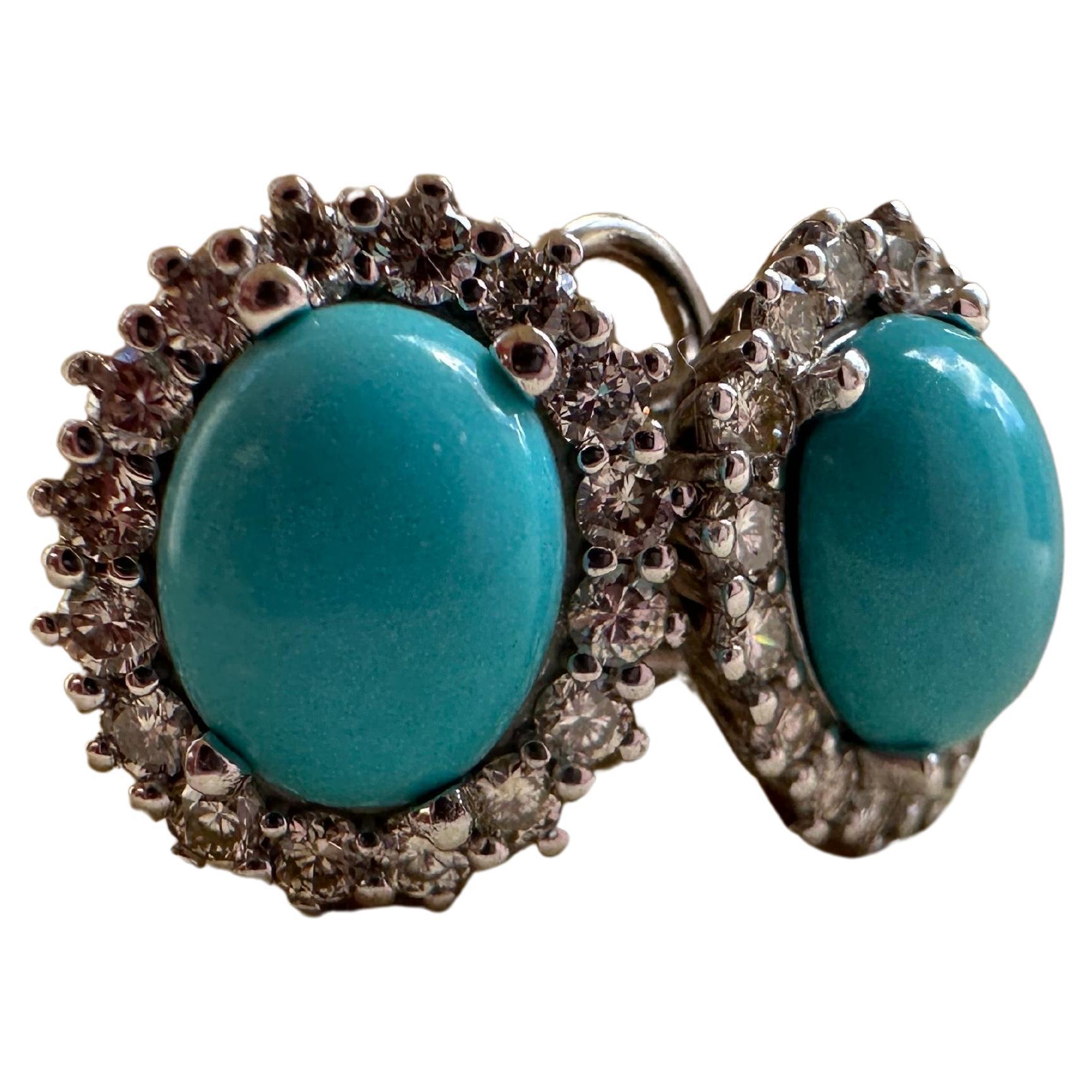 Turquoise Diamond earrings Royal Omega earrings 14KT gold For Sale