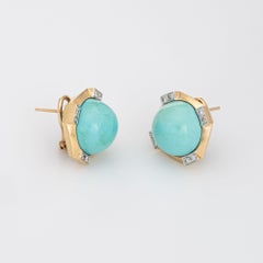 Turquoise Diamond Earrings Vintage 60s 14k Yellow Gold Square Stud Jewelry